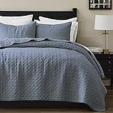 palassio Blue Grey 100% Cotton Quilt Queen Size Bedding Sets with 2 Pillow Shams, Textured Lightweight Soft Bedspread Shabby Chic Coverlet, Quilted Comforter Bed Cover for All Season, 3 Pieces