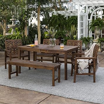 Amazon Com Walker Edison Furniture Company Azw6dgvindb 7 Person Outdoor Wood Chevron Patio Furniture Dining Set Table Chairs Bench All Weather Backyard Conversation Garden Poolside Balcony Dark Brown Garden Outdoor