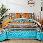 WONGS BEDDING Orange Quilt Set Queen Size, Stripe Bohemian 3 Pieces Quilts Bedspread Set Boho Lightweight Microfiber All Season Bedding Coverlet Set for Queen Bed (96"x90")