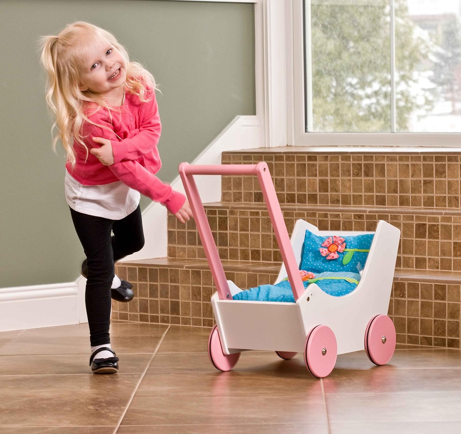 HABA Walk Along Dolly Wooden Doll Pram with Bedding & Adjustable Handle