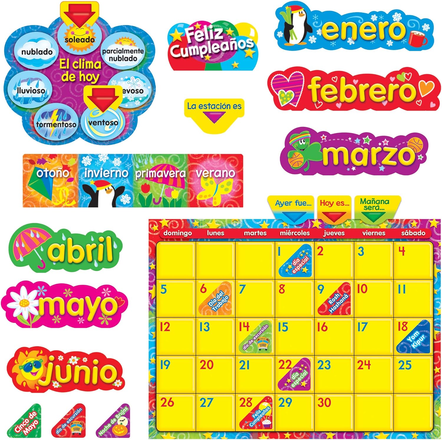 Wipe-Off Stars ‘n Swirls Calendar (Cling) (Spanish) Bulletin Board Set