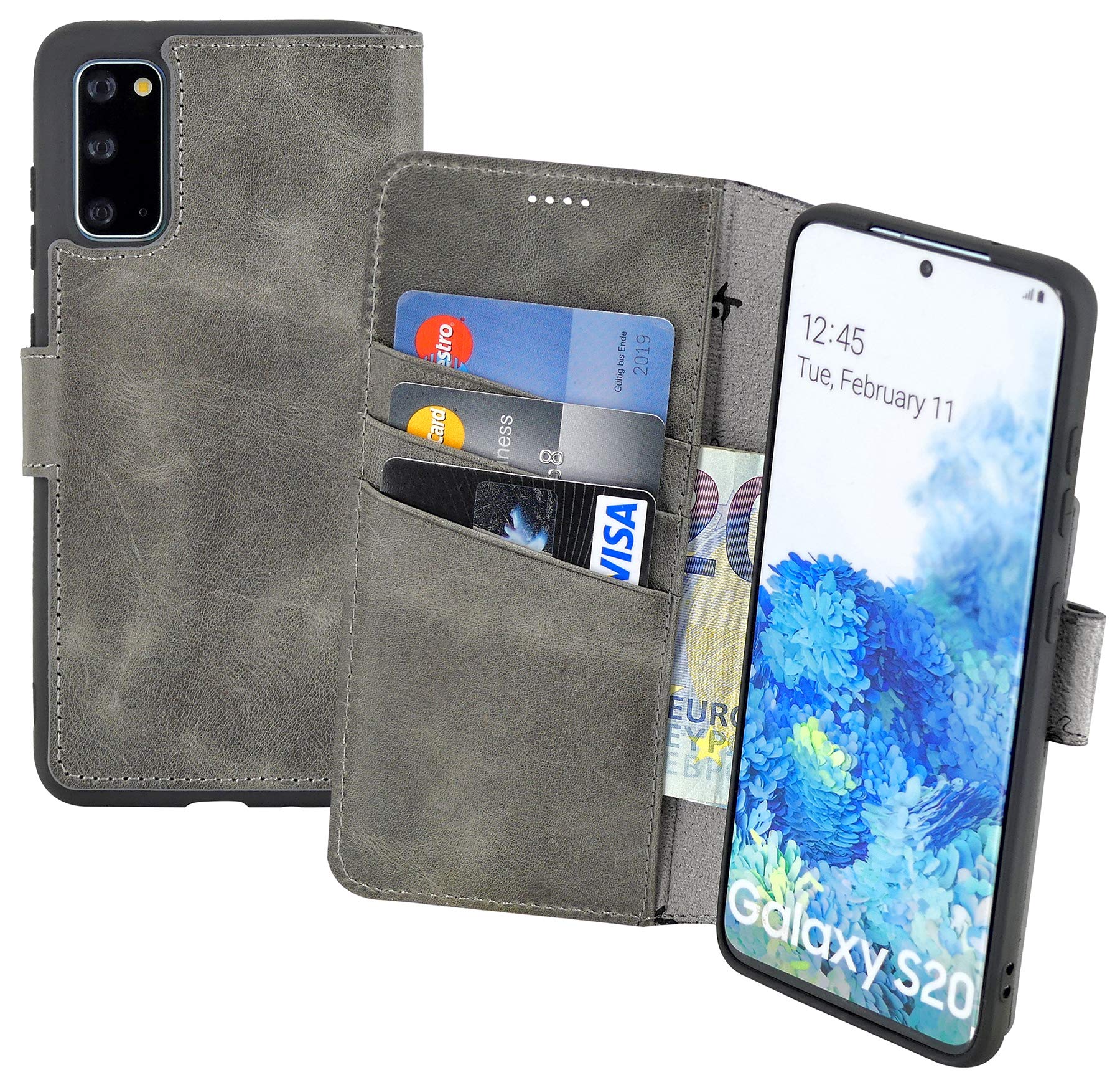 Suncase Book-Style Case Compatible with Samsung Galaxy S20 Leather Case (Slim Fit) Leather Mobile Phone Case Protective Case with 3 Card Slots in Antique Grey