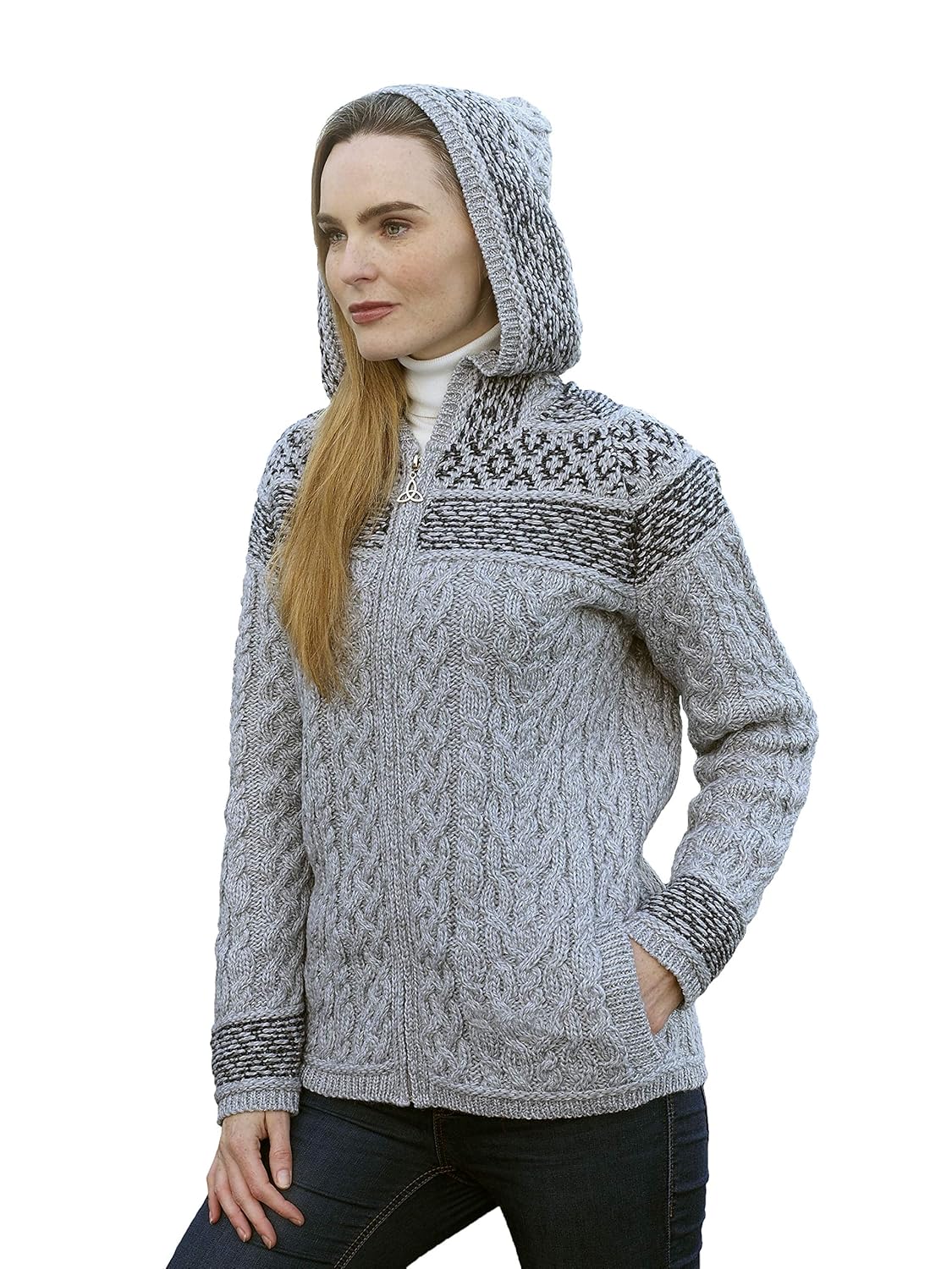 Buy Aran Crafts Women's Soft Wool Irish Fairisle Hood Sweater (HD5069