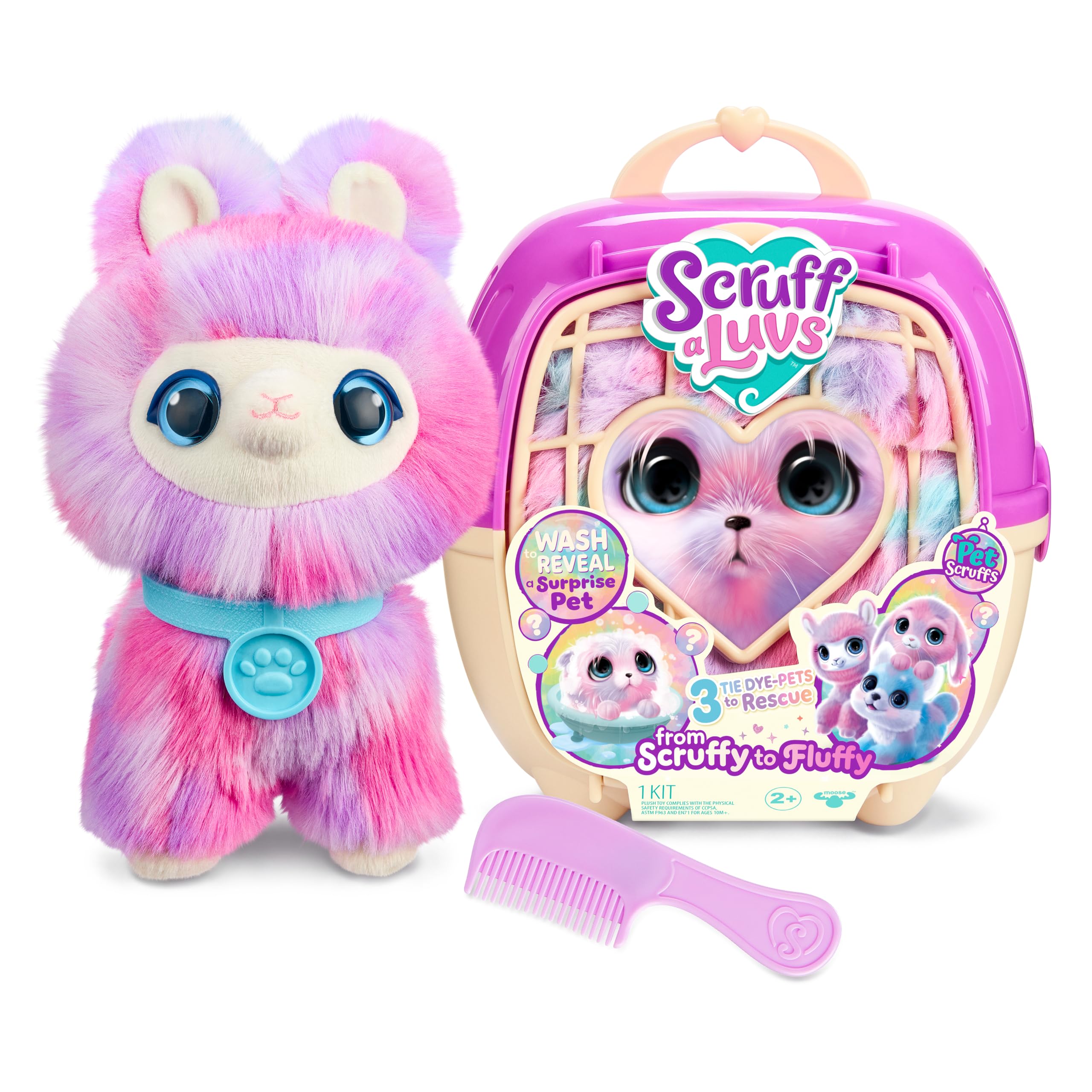 SCRUFFALUVS Tie-Dye Mystery Plush Toy, Wash to Reveal, Scruff a Luvs Pets | Includes deluxe pet carrier, comb, collar, and ad