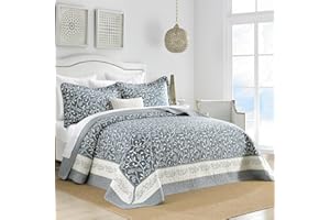 SahSahCasa 100% Cotton 128"x120" Oversized California King XL Bedspread Coverlet Quilt Set, Cal King Quilted Bedspread Extra Large Quilt, Bed Spread Lightweight Comforter, 3pc, Grayish Blue/White
