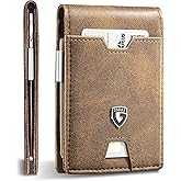 GSOIAX Men's Slim RFID Blocking Leather Wallet with Money Clip Minimalist Carbon Fiber Bifold Credit Card Holder 11 Card Slots Gift Box Included(Leather Brown)