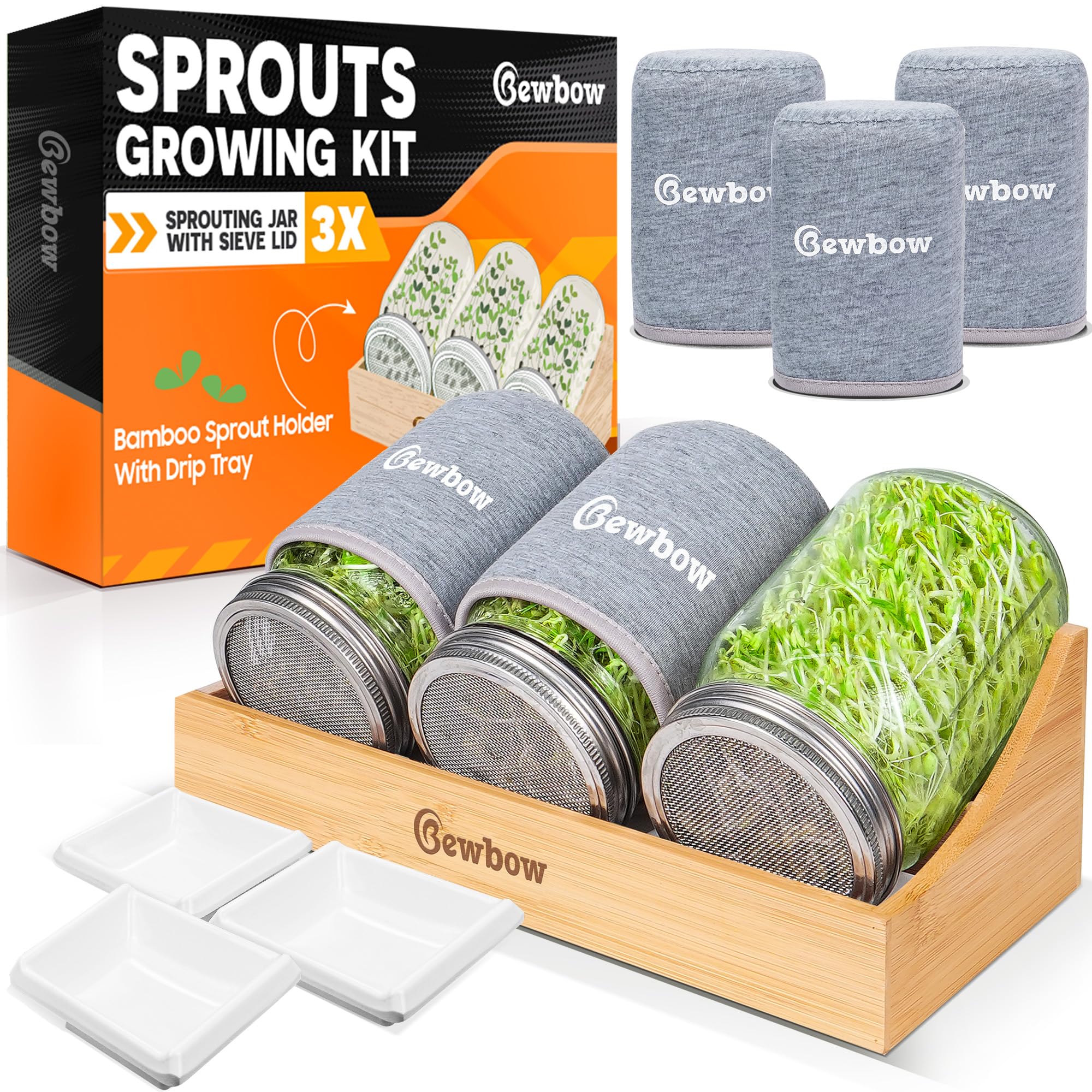 Photo 1 of [Upgraded] 3 PCS Seed Sprouting Mason Jar Kit with Bamboo Holder, Drain Tray, Screen Lids, Blackout Sleeves, Good Ventilation & Drainage Capacity, Growing Fresh Organic Mung Beans & Microgreens