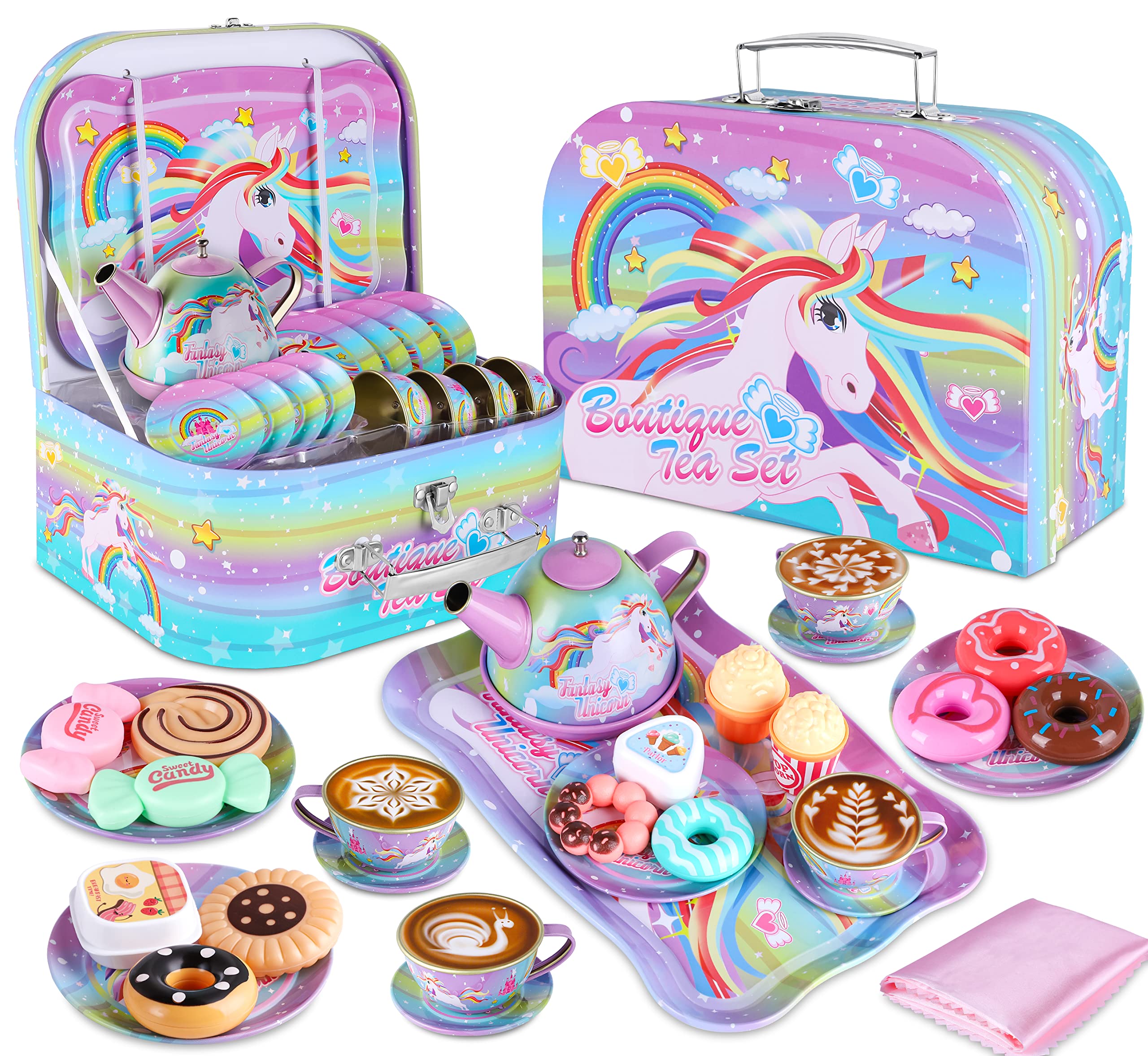 Photo 1 of Jugana Toy Tea Set for Little Girls, Princess Tea Toy Kid Afternoon Tea Set Including Teapot,Cups, Plates, Dessert, Drinks & Carrying Case, Kitchen Pretend Play Toys Birthday Gift for Kids
