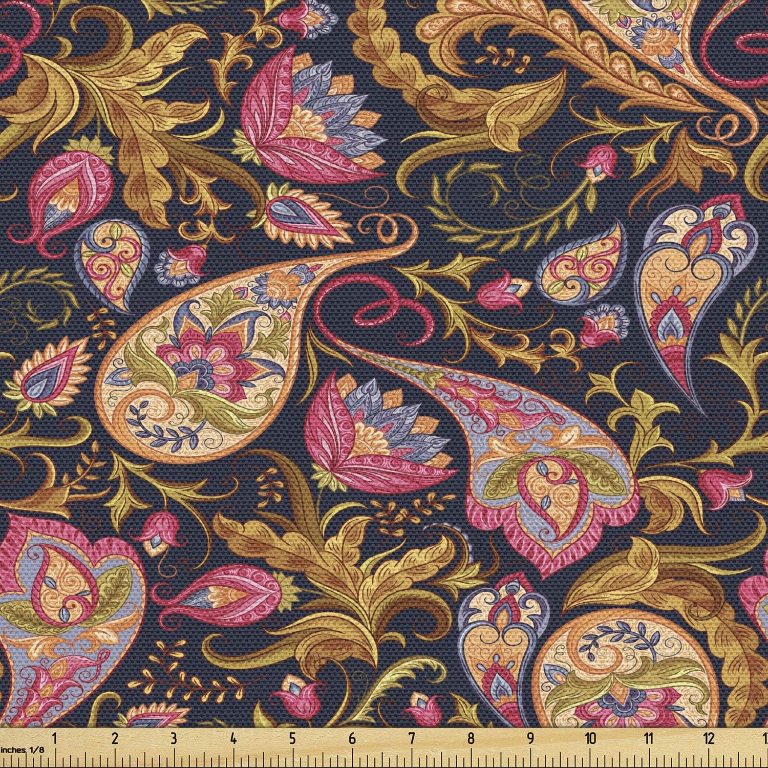 Lunarable Jacobean Fabric by The Yard, Persian Paisley Pattern with Curlicues Swirls