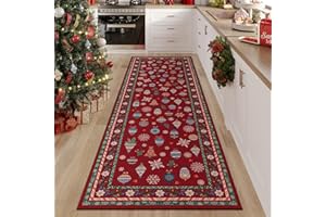 Rugcomf Christmas Runner Rug 2'7''x8' – Red Xmas Snowflake Area Rug, Machine Washable Non-Slip Low Pile Holiday Carpet for Kitchen, Hallway, Entryway, Laundry, Bedroom, Bathroom