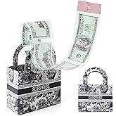Vane Oak Money Pull Box for Cash, Surprise Money Boxes Retro Jacquard Mini Gift Bag with 30 Pcs Transparent Bags for Birthday Party Christmas (Blue)