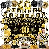 Eucutur 42PCS 40th Birthday Decoration Kit for Men Women, Black Gold Happy 40th Bday Banner Balloons Honeycomb Centerpiece Swirl Paper Pompoms Party Supplies, 40 Bday Sash Table Cake Topper Swirls Set