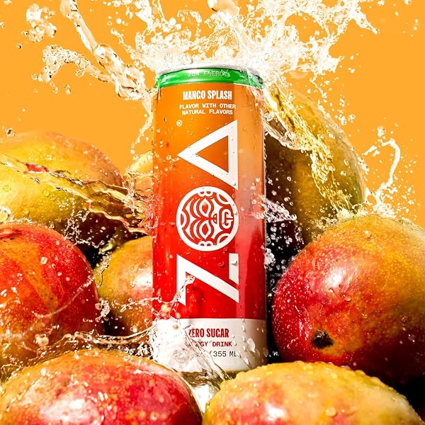 ZOA ZERO SUGAR ENERGY DRINKS, MANGO SPLASH – SUGAR FREE WITH ELECTROLYTES, HEALTHY VITAMIN C, AMINO ACIDS, ESSENTIAL B-VITAMINS, AND CAFFEINE FROM GREEN TEA – 12 FL OZ (12-PACK)