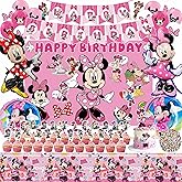 Pink Birthday Party Decorations, Party Supplies Include Happy Birthday Banner Backdrop Balloons Tablecloth Cupcake Cake Toppers Sticker Hanging Swirls, for Cartoon Theme Party