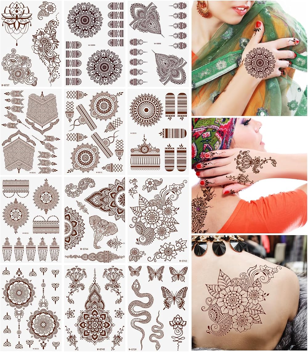 URAQT Brown Red Temporary Tattoo Sticker 12 Sheets Floral Mandala Women Girls