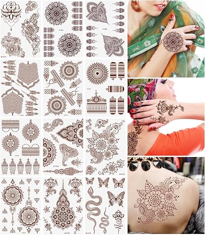 URAQT Brown Red Temporary Tattoo Sticker 12 Sheets Floral Mandala Women Girls