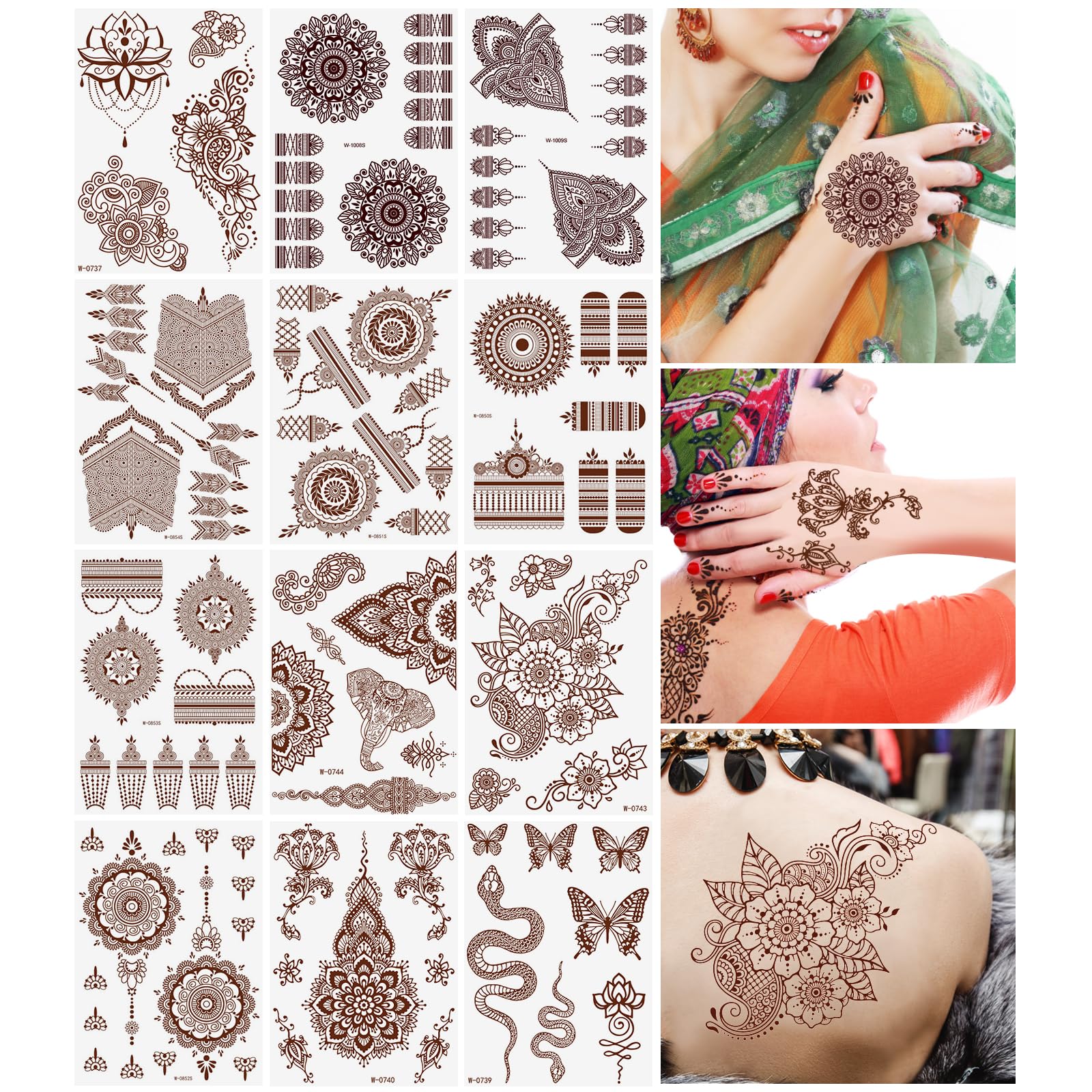 URAQT Brown Red Temporary Tattoo Sticker, 12 Sheets Indian Mandala Flower Tattoo for Women Girls, Waterproof Body Sticker for Neck Chest Arm, Body Art Sticker For Wedding Party Festival
