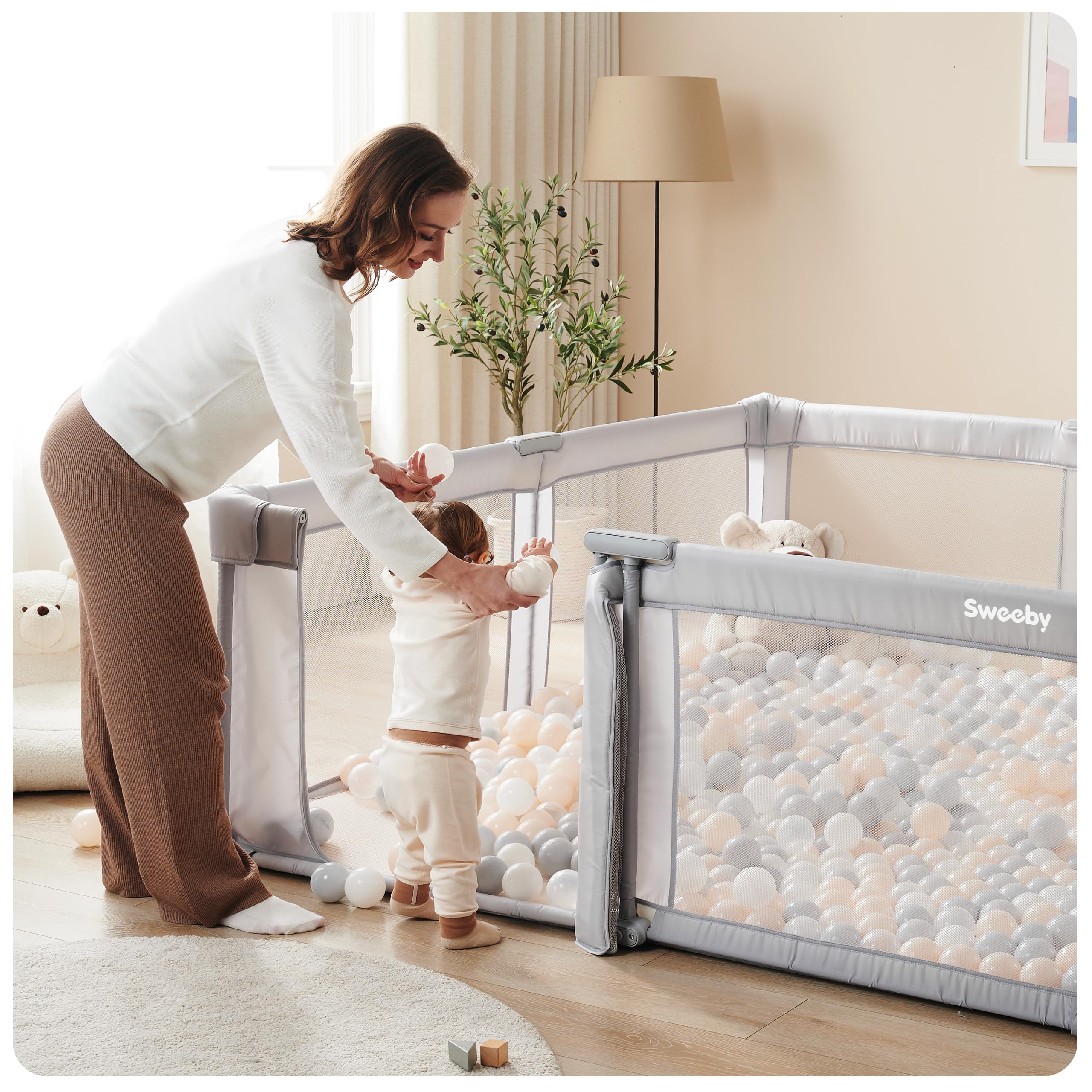 Sweeby Baby Playpen, 59x59 Inch Gate Foldable for Babies and Toddlers, Extra Large With Door Play Yard for Fence Indoor and Outdoor, Gray