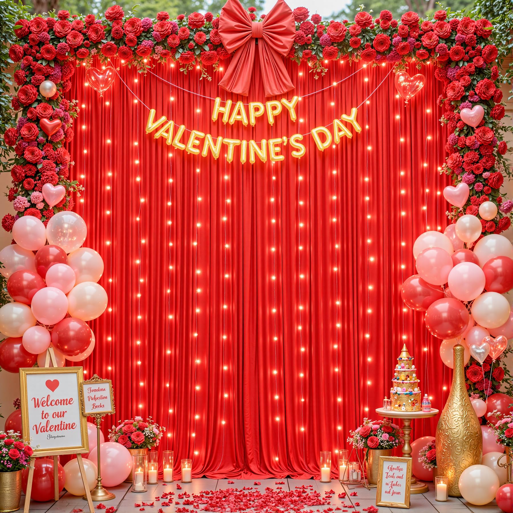 Photo 1 of 10 x 10 ft Red Backdrop Curtains with Lights String for Wedding Polyester Photo Backdrop Drapes Wrinkle Free Red Long Curtains for Birthday Parties Reception Baby Shower Ceremony-10 x 5ft x 2 Panels