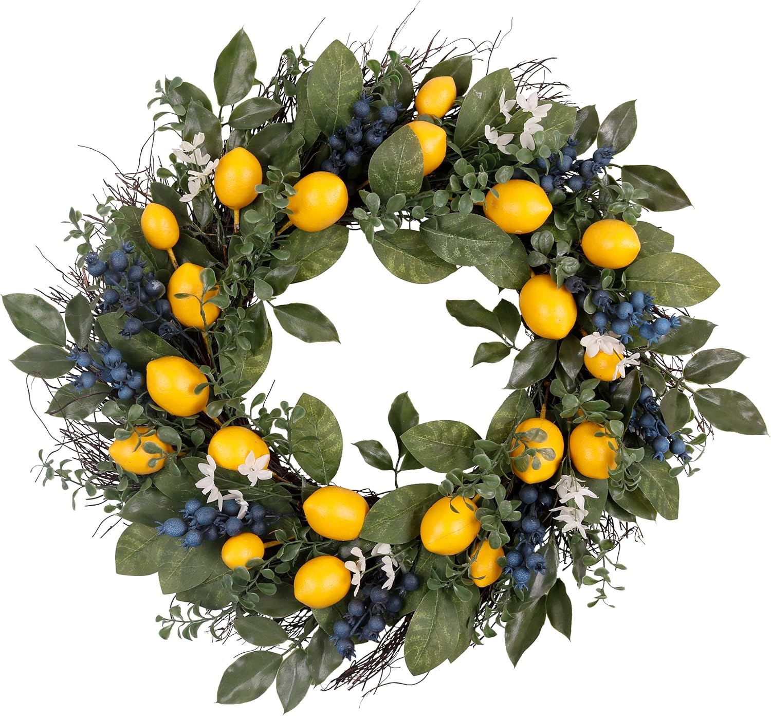 Valery Madelyn 24 Inch Spring Fruit Wreath with Artificial Yellow Lemons, Blueberry and Green Leaves, Fall Autumn Summer Wreath for Front Door and Home Decoration