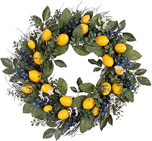 Valery Madelyn 24 Inch Spring Fruit Wreath with Artificial Yellow Lemons, Blueberry and Green Leaves, Fall Autumn Summer Wreath for Front Door and Home Decoration
