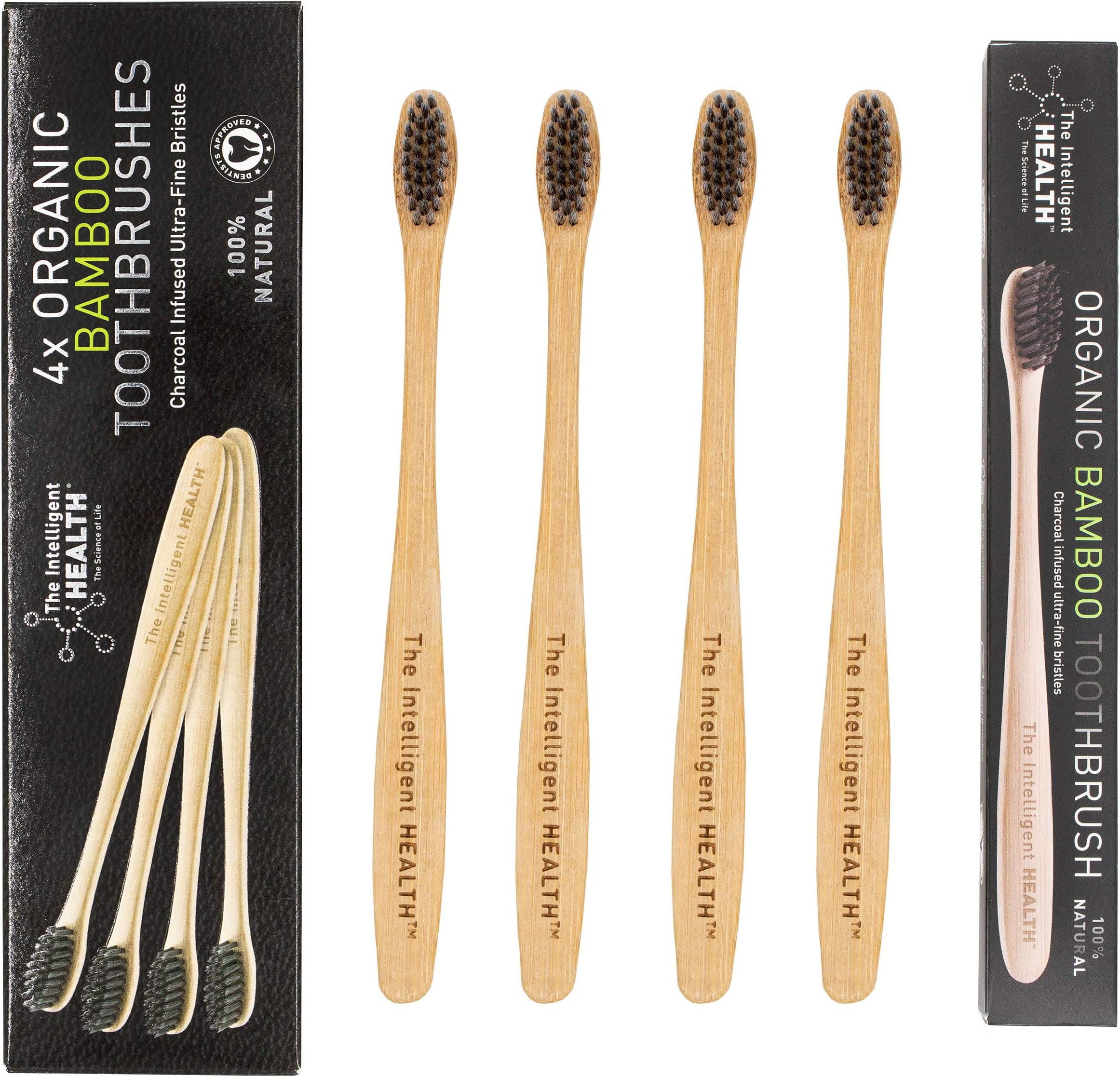 The Intelligent HealthWooden Bamboo Activated Charcoal Toothbrushes - A Natural Eco Friendly Manual Toothbrush | BPA Free and Zero Waste Oral Hygiene | Family Pack of 4 Biodegradable Toothbrushes