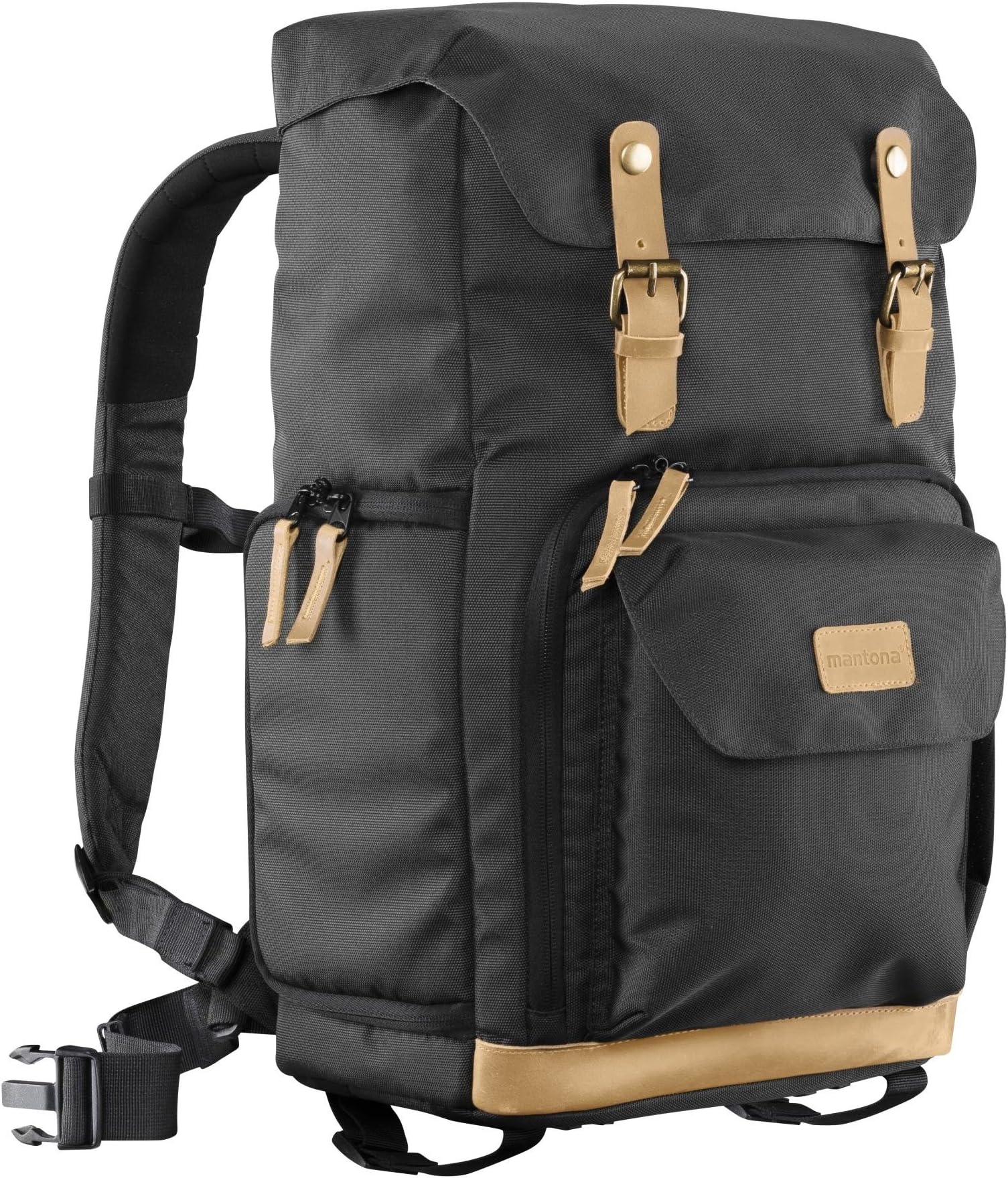Mantona Luis retro-look camera backpack with genuine leather trim (for 1 DSLR camera with 3 lenses and various accessories), Black