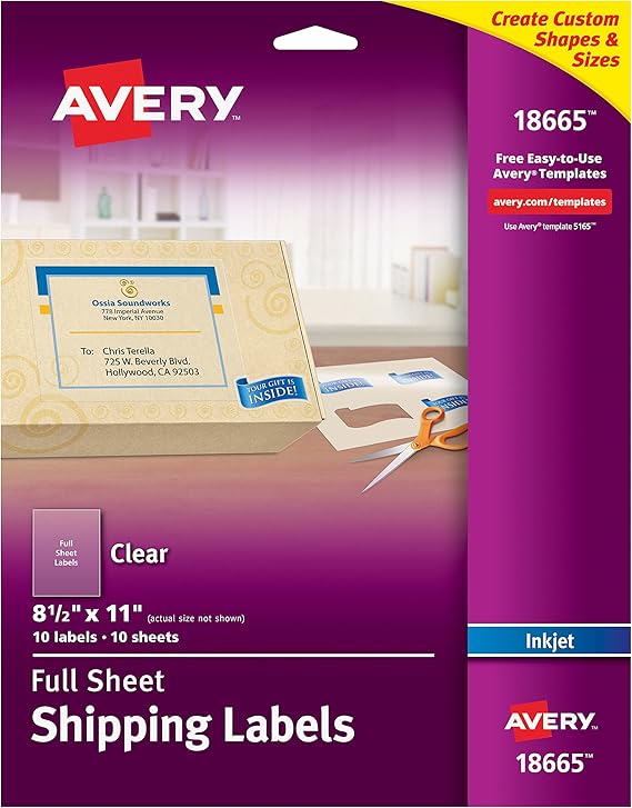 Avery Clear FullSheet Labels for Inkjet Printers, 8.5 x 11Inches