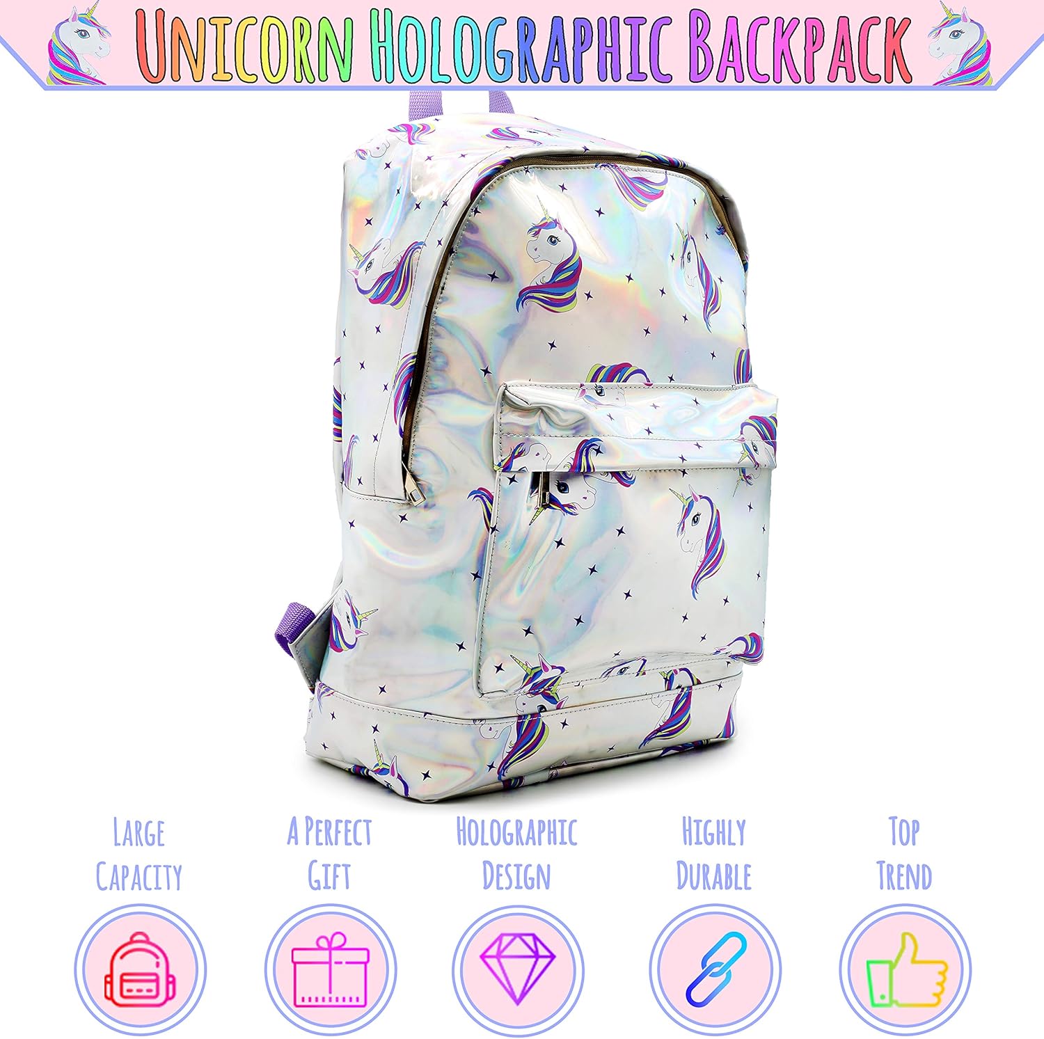 Kreativekraft Cartable Fille Primaire Licorne Grand Sac A Dos Holographique Ecole Maternelle Cp Ce1 Ce2 Cm1 Cm2 College Fourniture Scolaire Kawaii Idee Cadeau Ado Filles Anniversaire Licornes Fournitures De Bureau Fournitures D Ecole