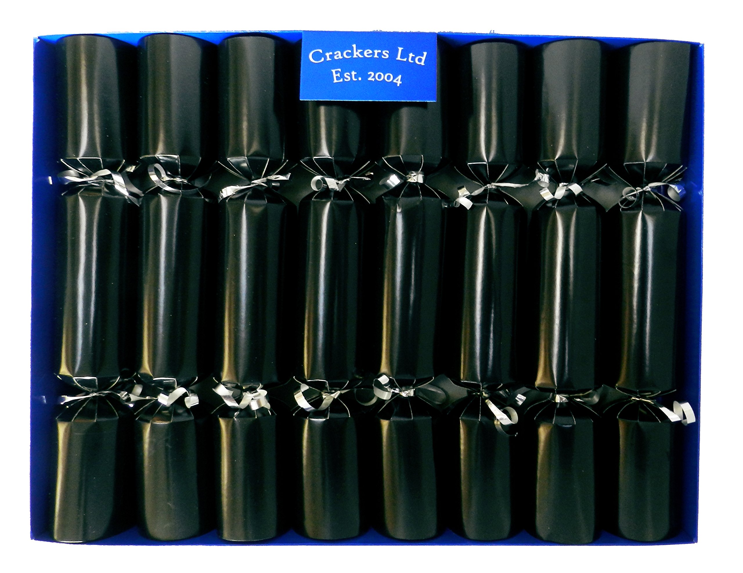 Fill Your Own Christmas Crackers, Black with Silver Trim and Tags, Set of 8