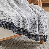 EMME Soft Sherpa Fleece Blanket with Tassel, Reversible Plush Fluffy Large Blanket, Light Weight Warm Decorative Boho Blanket Cover for Sofa, Couch, Bedroom,Travel(Tassel Navy,50"x60")