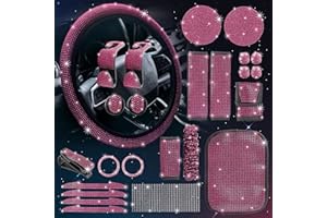 Zeinlenx 25 Pack Bling Car Accessories Set, Rhinestone Car Accessories Set for Women, Bling Steering Wheel Cover Universal Fit 15 Inch, Glitter Seat Belt, Sparkly Armrest Cover (RED Wine)