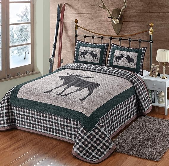 Moose Plaid Quilt 3 Pieces Queen Quilt Set, Quilt with 2 Pillow Shams, Rustic Lodge