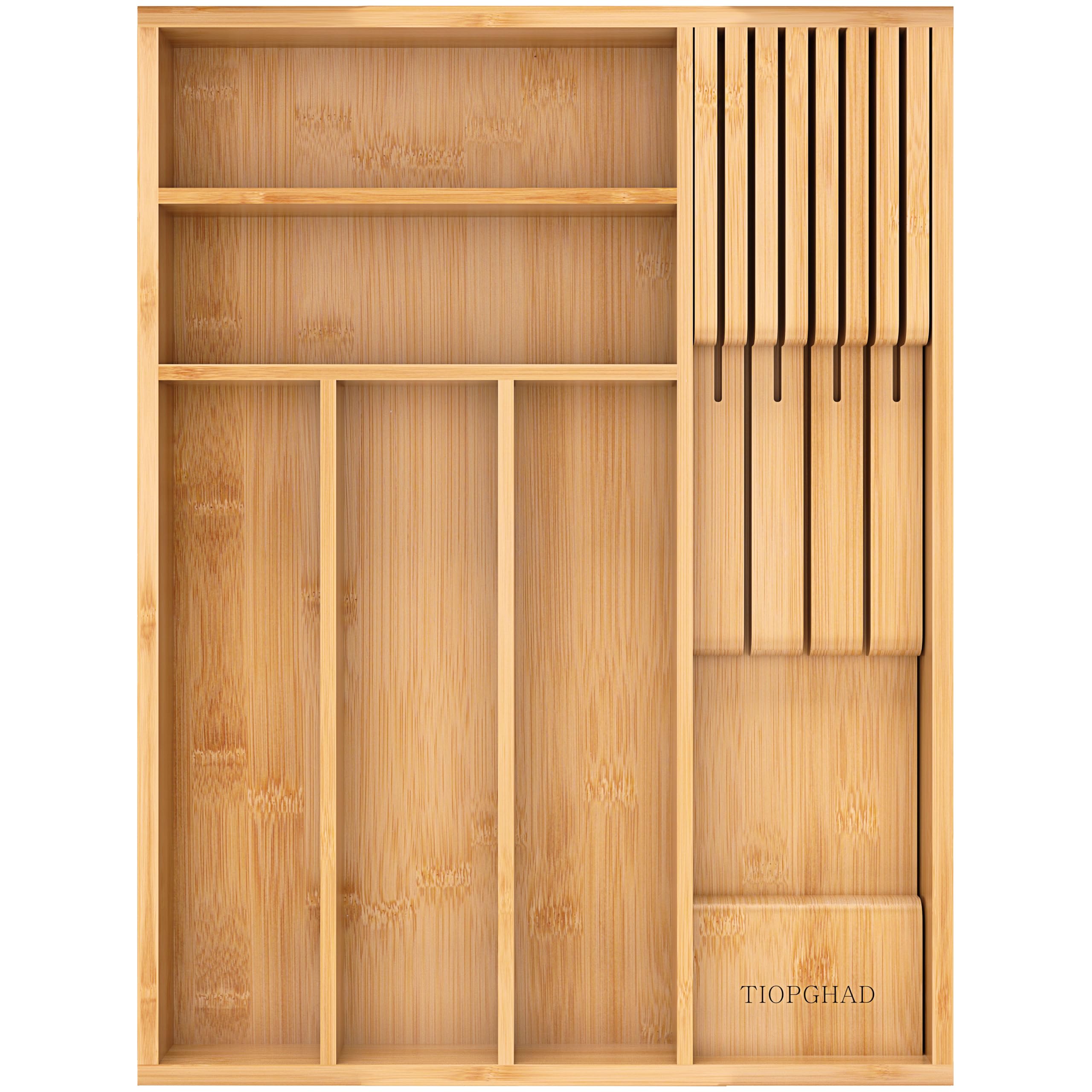 Photo 1 of TIOPGHAD Small-Bamboo-Silverware-Drawer-Organizer, Expandable Utensil Kitchen Cutlery Tray Flatware Organization Adjustable Wood Tableware Dividers Storage (with Removable Knife Block)(Natural)