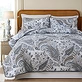 Cozaline 100% Cotton Quilt Sets King Grey Paisley Bedding Sets 3 Pcs Reversible Coverlet Bedspread Paisley Floral Bedspread for All Season, Lightweight, Ultra Soft