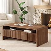 AMERLIFE Fluted Coffee Table with Storage &amp; Rounded Edges | Brown Wood Living Room Table, 2 Drawers and Open Shelf, 39.4" Modern Center Table