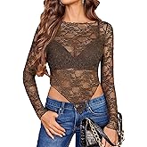 Avidlove Womens Mesh Tops Lace Long Sleeve Shirts Crewneck Slim Fitted Outfits See Through Blouses