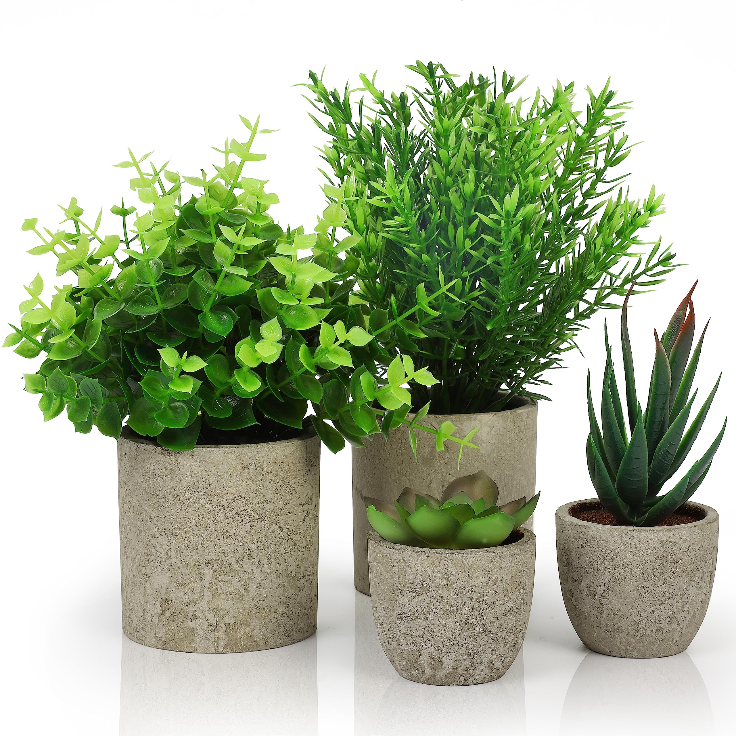 Belle Vous 4 Pack of Artificial Indoor Potted Plants - Small Fake Plastic Eucalyptus, Snake Tongue Grass & Succulent Plants - Faux Greenery for Office, Desk/Table, Bedroom, Kitchen, or Home Decoration