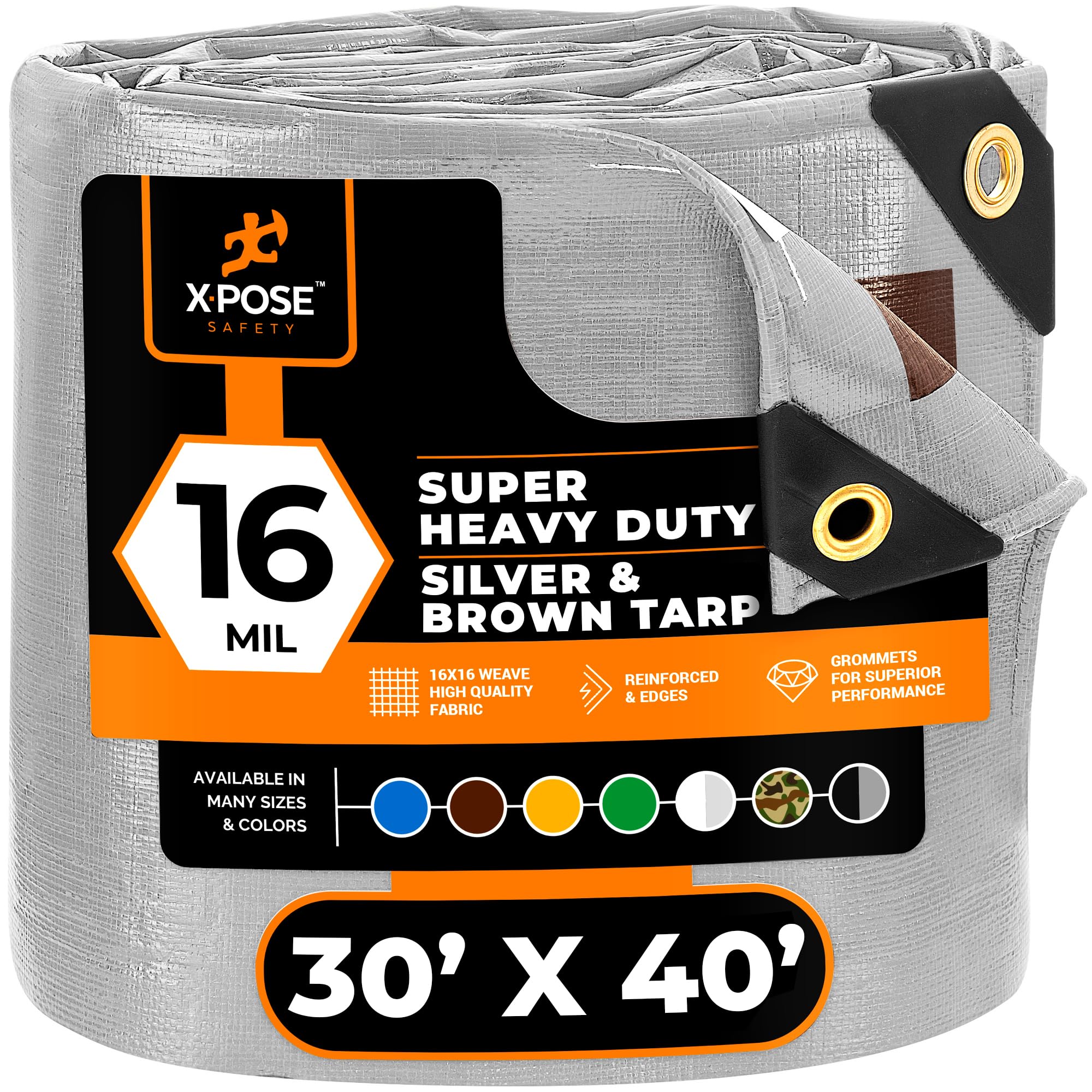 Photo 1 of 30' x 40' Super Heavy Duty 16 Mil Silver/Brown Poly Tarp Cover - Thick Waterproof, UV Resistant, Rip and Tear Proof Tarpaulin with Grommets and Reinforced Edges - by Xpose Safety
