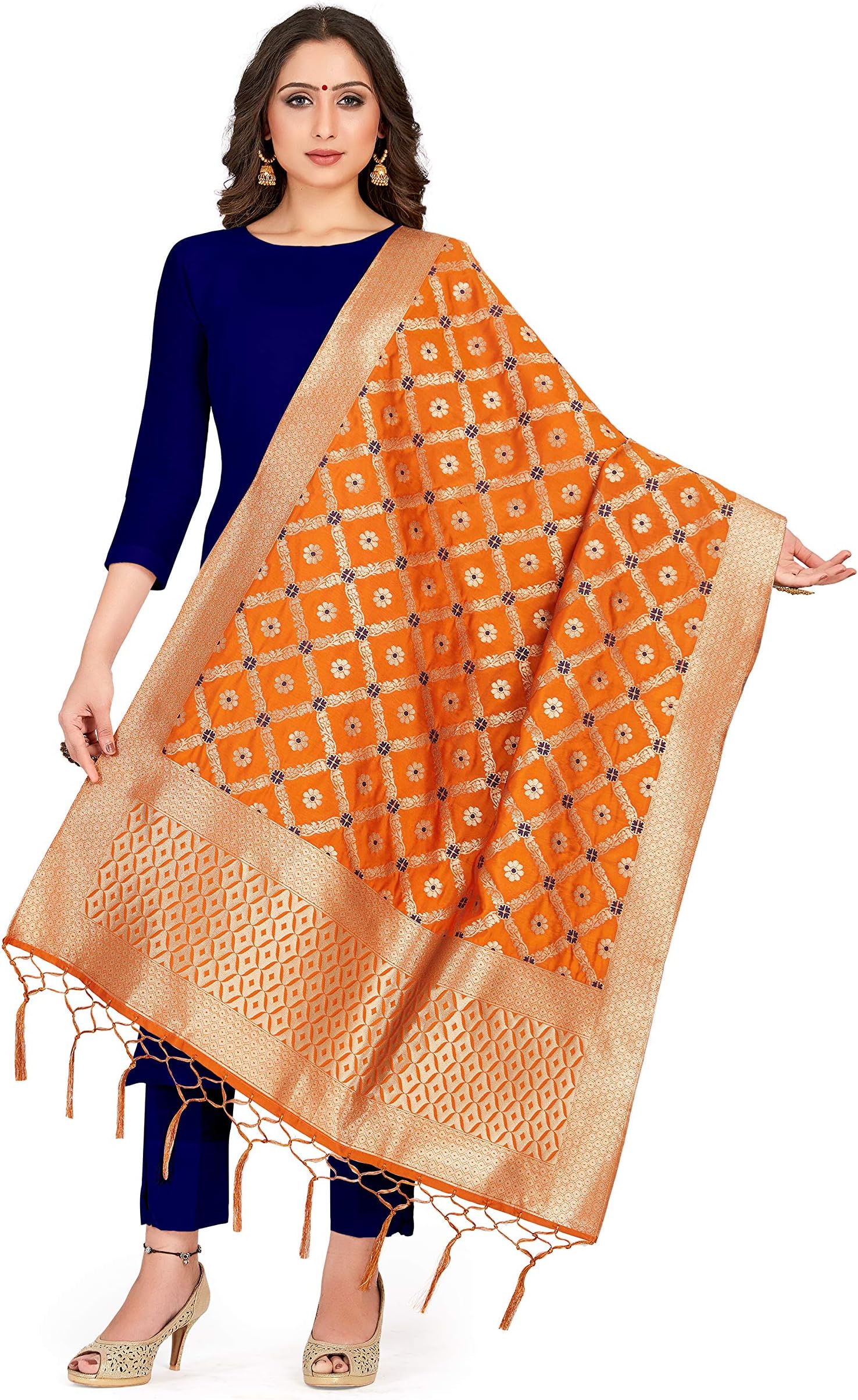 ELINA FASHION Women's Zari Work Indian Pakistani Banarasi Art Silk Woven Only Dupatta for Dress Material & Salwar Suit