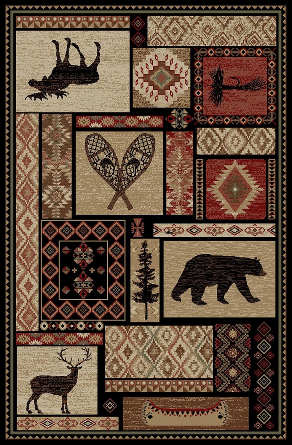 Rustic Lodge Bear Moose Deer Panel 5x8 Red Area Rug, 5'3"x7'7" 6913