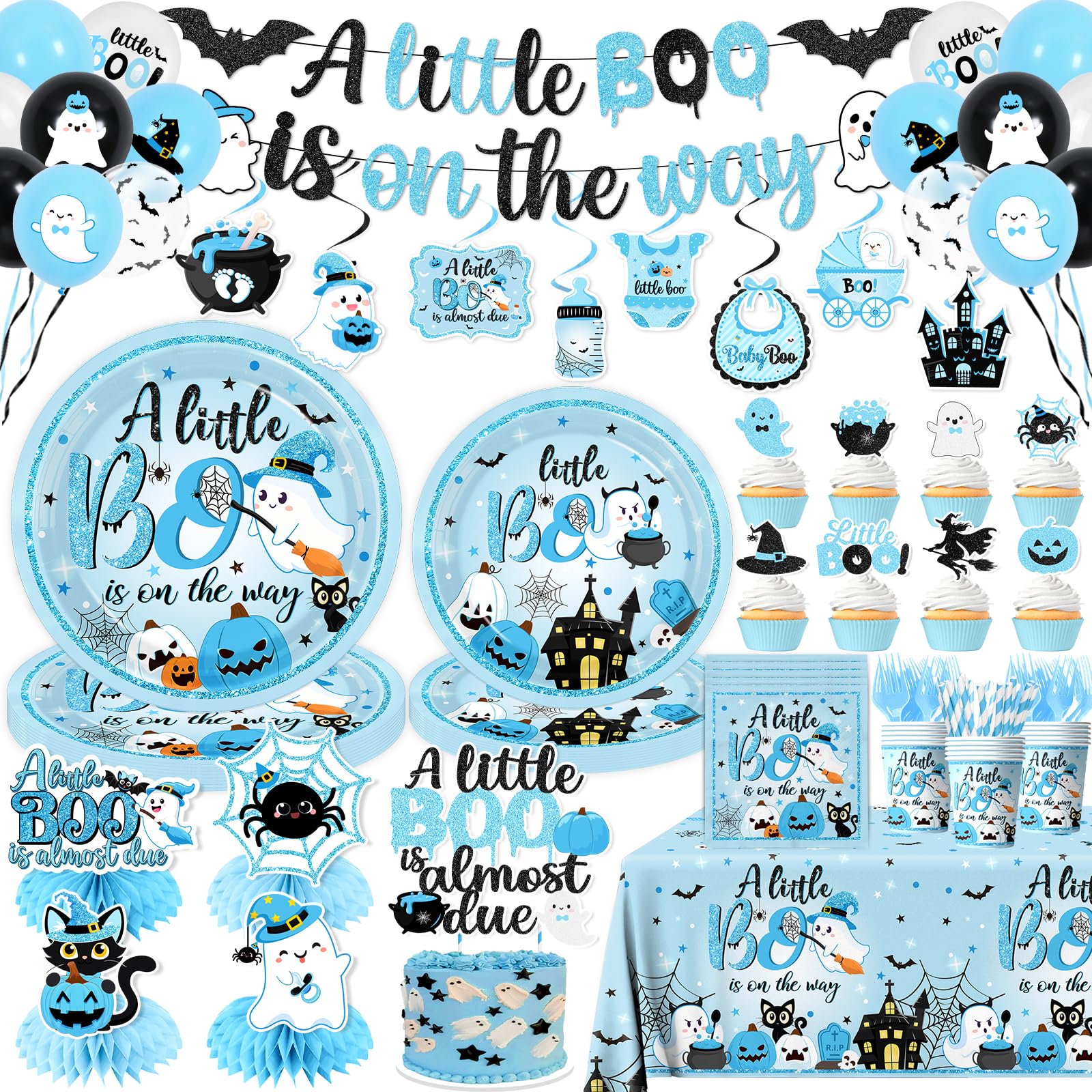 Photo 1 of 197pcs Halloween Little Boo Baby Shower Decorations for Boy,A Little Boo is On The Way Tableware, Halloween Baby Shower Party Supplies Disposable Paper Plates,Napkins,Tablecloth,Cups,Cake Topper,Forks