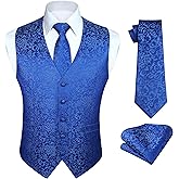 HISDERN 3PC Men's Paisley Floral Jacquard Suit Vest & Necktie and Pocket Square Formal Waistcoat for Tuxedo Wedding Party
