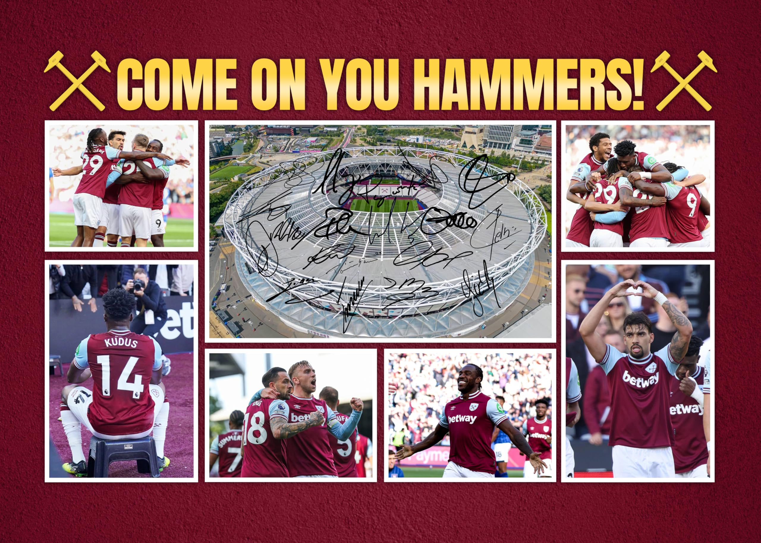 RJR PRINTS West Ham ' Up The Hammers ' 2024/5 Team Football Players Multi Signed A4 Montage Photo Print Which Would Make A Great Gift For Any Fan.