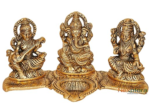 Nexplora Industries Pvt. Ltd. Laxmi Ganesh Saraswati Idol Showpiece Oil Lamp | Diya | Deepak | Deepam | Metal Statue Sculpture