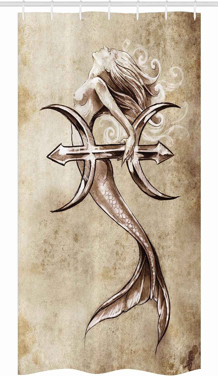 Ambesonne Mermaid Stall Shower Curtain, Vintage Mermaid in The Sea with an Anchor Mythical Aquatic Creature Graphic Art, Fabric Bathroom Decor Set with Hooks, 36" X 72", Beige Brown