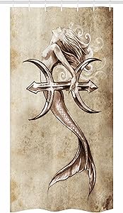 Ambesonne Mermaid Stall Shower Curtain, Vintage Mermaid in The Sea with an Anchor Mythical Aquatic Creature Graphic Art, Fabric Bathroom Decor Set with Hooks, 36" X 72", Beige Brown