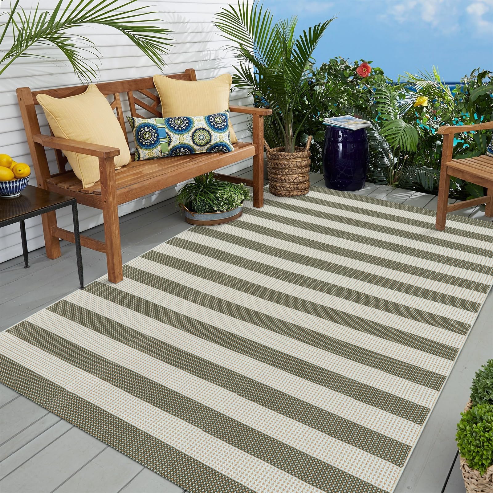Photo 1 of OJIA Outdoor Patio Rug 5'x7', Striped Rug Machine Washable Large Area Rugs Cotton Woven Thin Indoor Outdoor Rugs for Bedroom/Living Room/Front Porch/Deck/Backyard/Camping (Green/White/Tan)