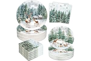 GOLDGAO 200 PCS 200 PCS Christmas Paper Plates and Napkins Sets Tableware Set Christmas Holiday Dinnerware Set Forest Snow Pine Trees elk for Xmas Holiday Birthday Party Decoration Supplies for 50 Guests