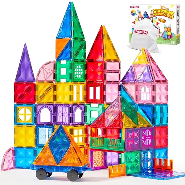 SYNCFUN 110PCS MAGNETIC BUILDING TILES – 3D MAGNET TILES WITH VEHICLE – CONSTRUCTION BLOCKS SET FOR KIDS – STEM SENSORY LEARNING EDUCATIONAL TOYS BIRTHDAY GIFT FOR 3 4 5 6 7 YEAR OLD